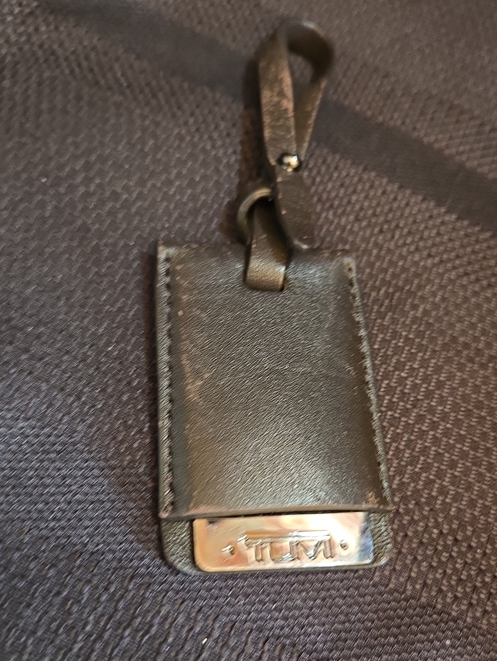 Tumi Dark Brown Leather Luggage Tag with Gunmetal Logo Plate